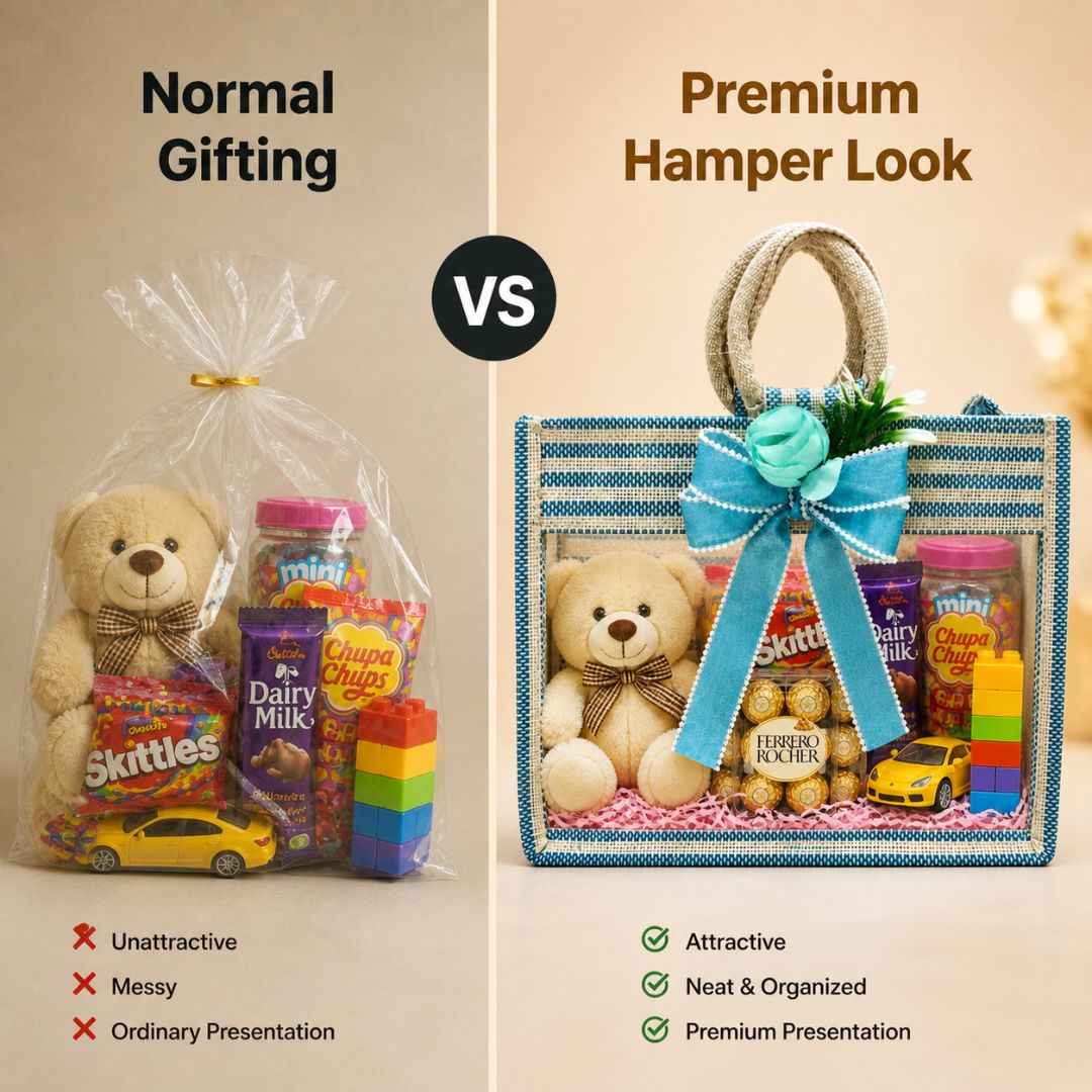 (Set of 5)Premium Blue Striped Jute Gift Bag with Transparent Window & Floral Bow –  (12 x 14 Inches)