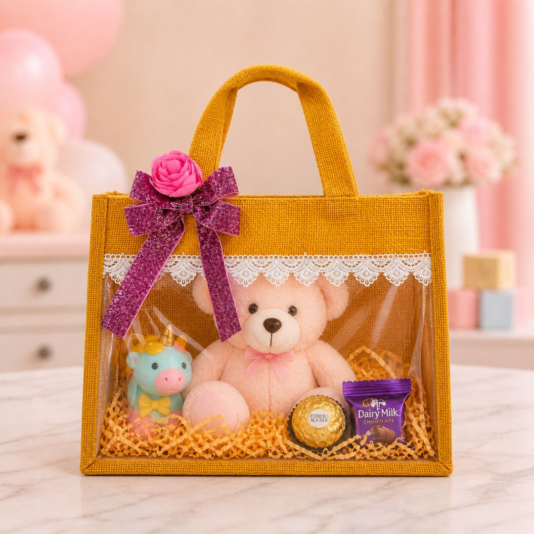 (Set of 5)Premium Jute Transparent Gift Bags with Lace & Floral Bow – 10 x 14 Inch Sizes
