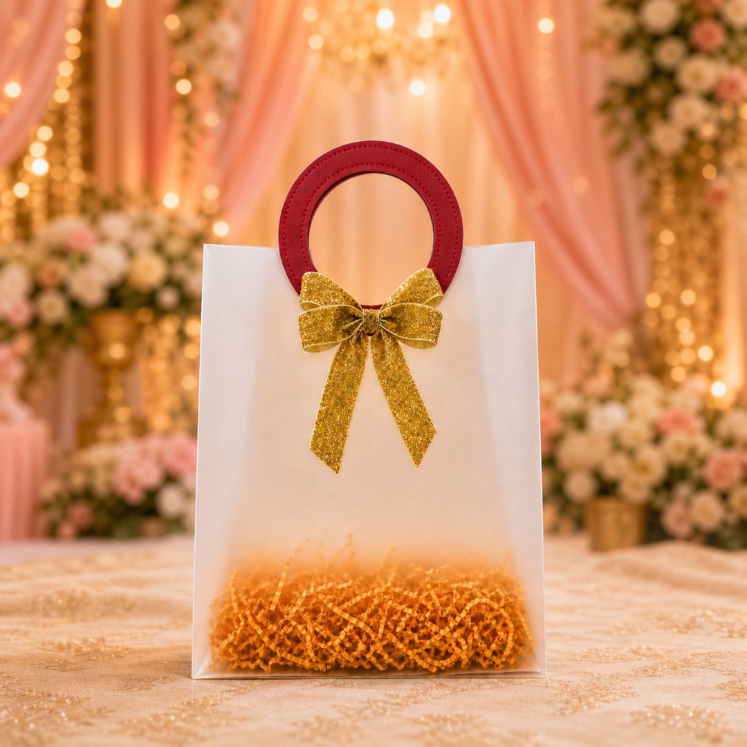 (Set of 5)Premium Frosted Gift Bags with Designer Ring Handle & Golden Bow –(7 x 10 Inch)