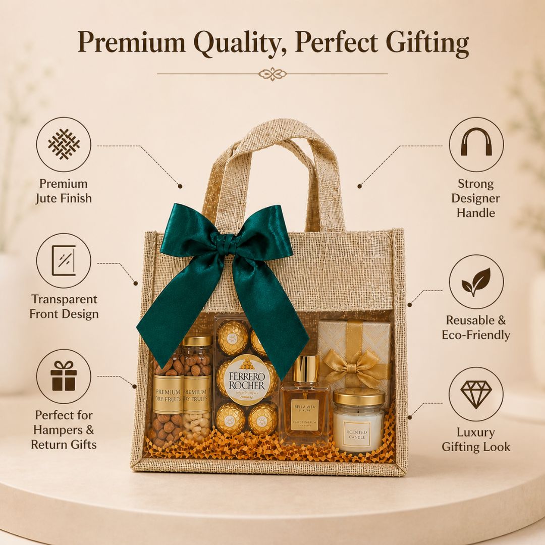 (Set of 5)Premium Jute Gift Bags with Transparent Window & Satin Bow – (12 x 12 Inch)