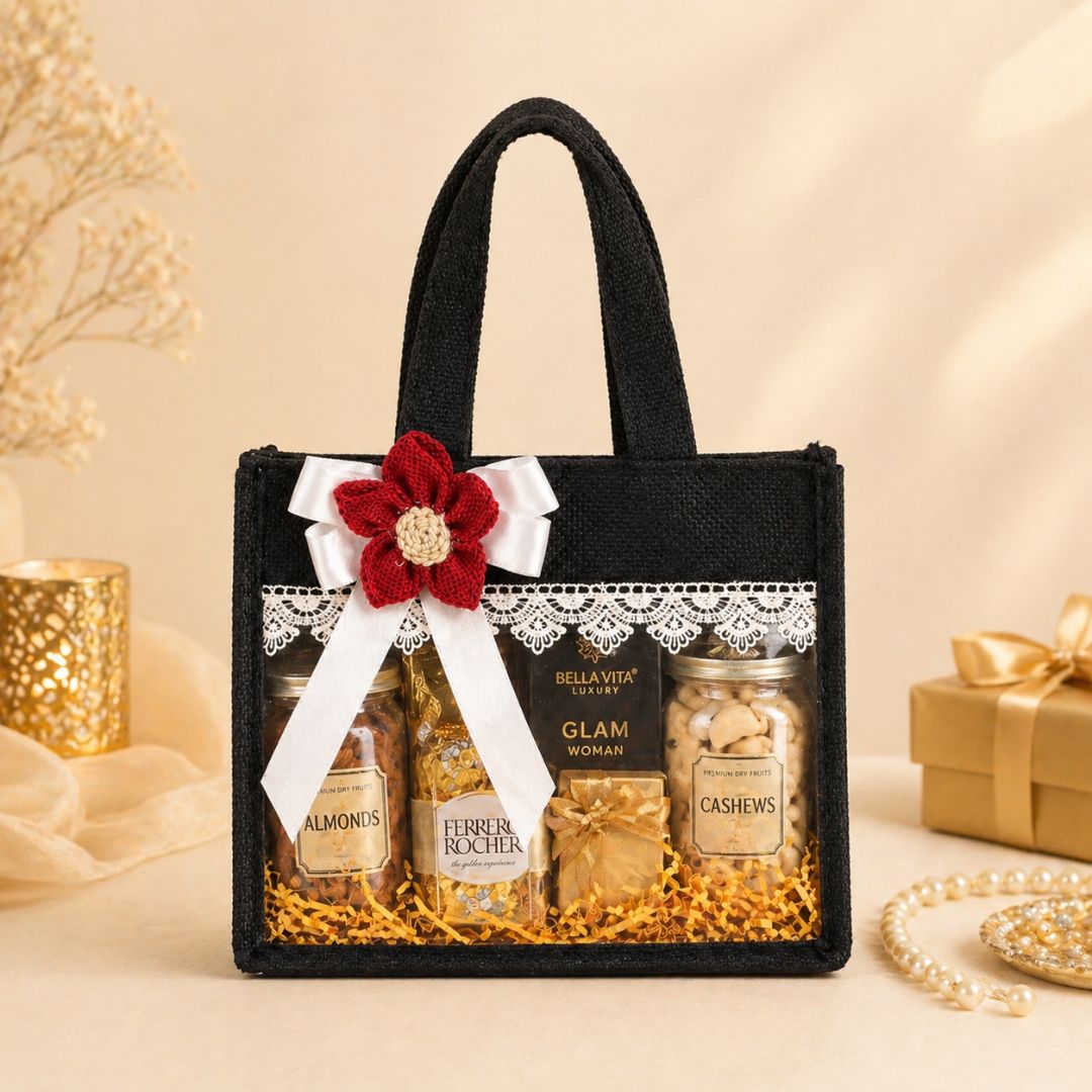 (Set of 5)Premium Black Jute Gift Basket with Transparent Window & Lace Decor | (8 x 10 Inch Sizes)