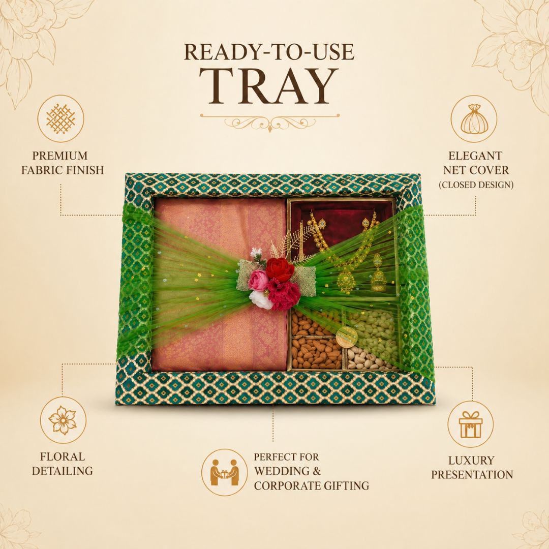 (Set of 3)Premium Green Net Decorative Gift Tray – Floral Center Design | 21 x 16 Inches