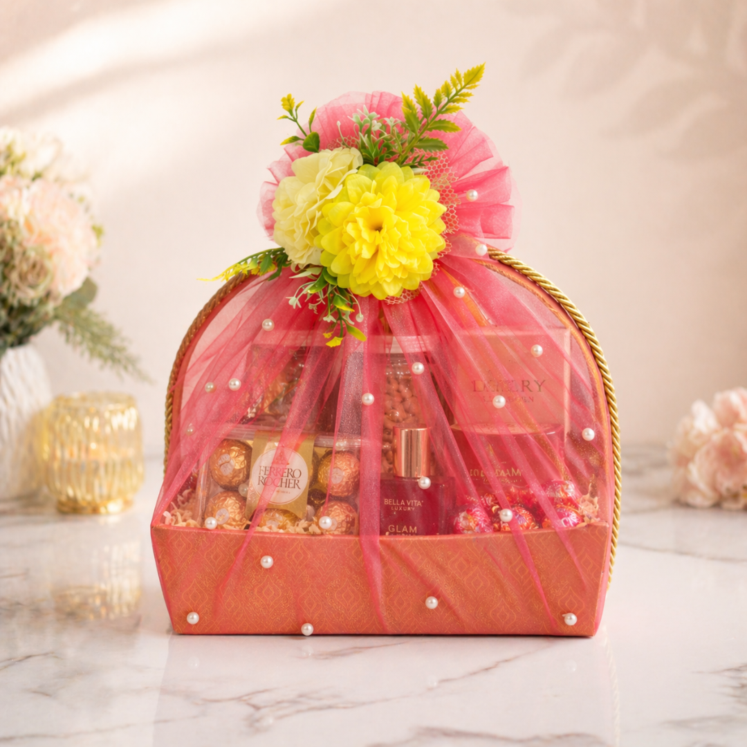 (Set of 3)Premium Peach Net Gift Basket with Floral Top –  (11 x 15 Inches)