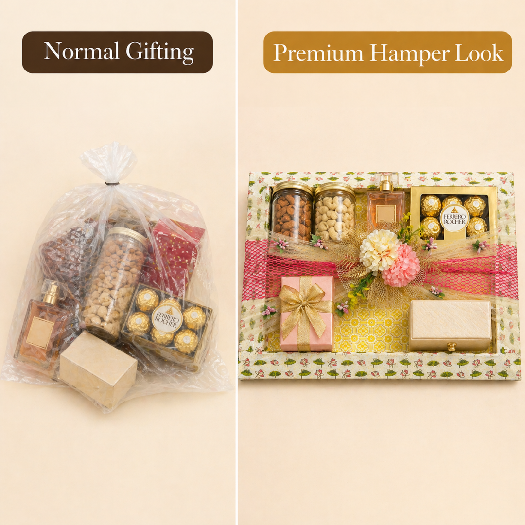 (Set of 3)Premium Floral Net Decorative Tray (18 x 14 Inch) – Yellow & Pink Wedding Hamper Tray