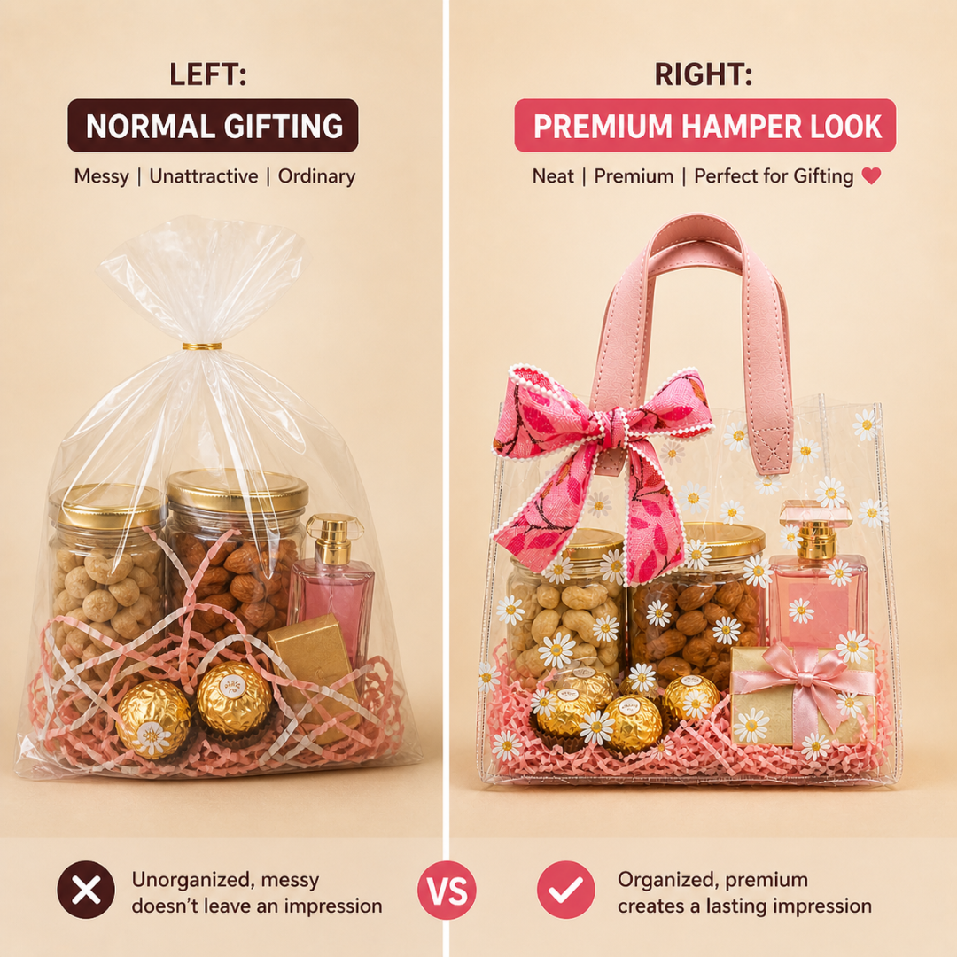 (Set of 5)Premium Transparent Floral Gift Bag with Bow Handle – (10 x 14 Inch)