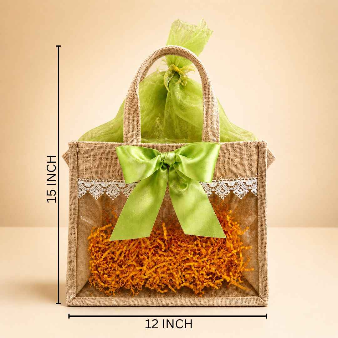 (Set of 5)Premium Jute Gift bags with Transparent Window & Green Bow – 12 x 15 Inches