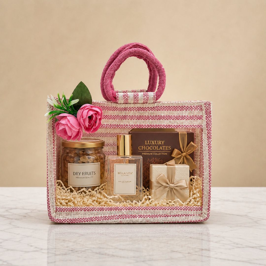(Set of 5) Premium Pink Jute Gift Bags with Floral Decoration & Handle (11 x 12 Inch) – Wedding Return Gift & Hamper Packaging