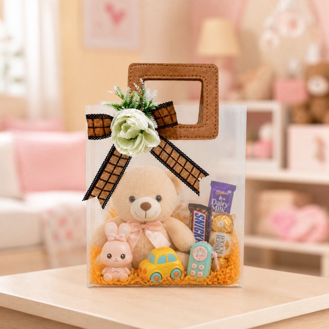 (Set of 5)Premium Frosted Gift Bag with Wooden Handle & Floral Bow – (6.5 x 9 Inches)