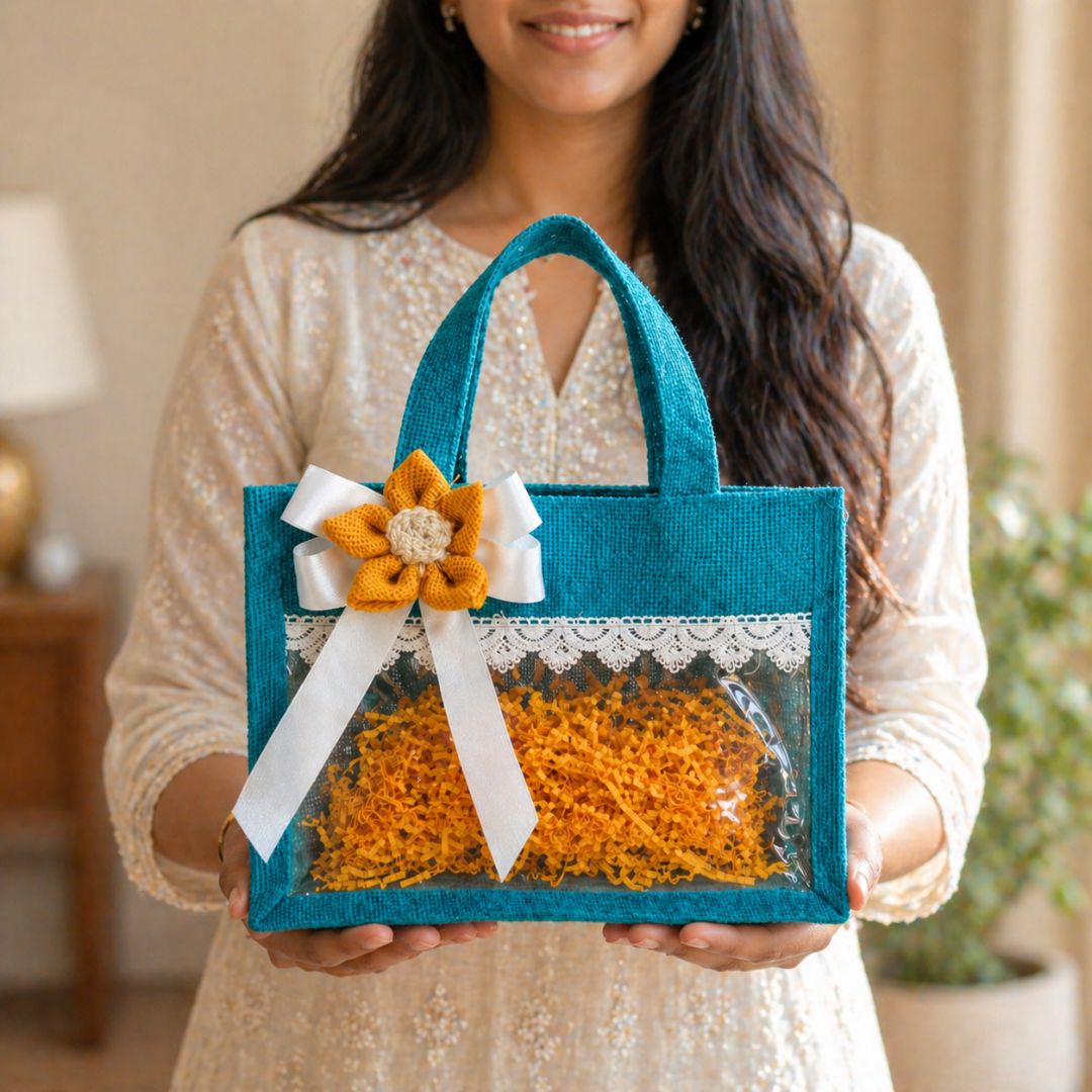 (Set of 5)Premium Teal Jute Gift Basket with Transparent Window & Lace Decor| 8 x 10 Inch Sizes)