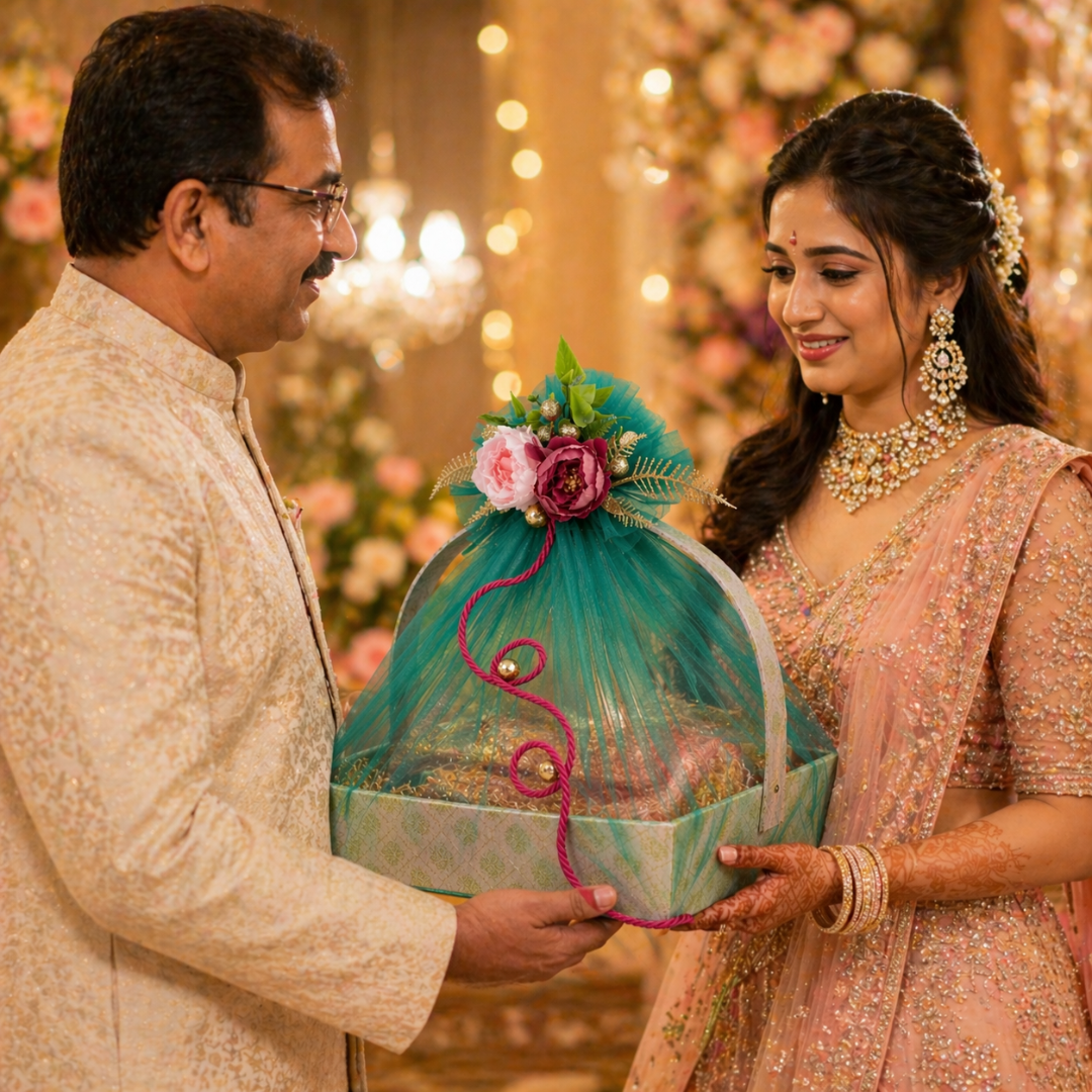 (Set of 3)Premium Mint Green Net Gift Basket with Floral Decor & Handle – 11 x 15 Inches