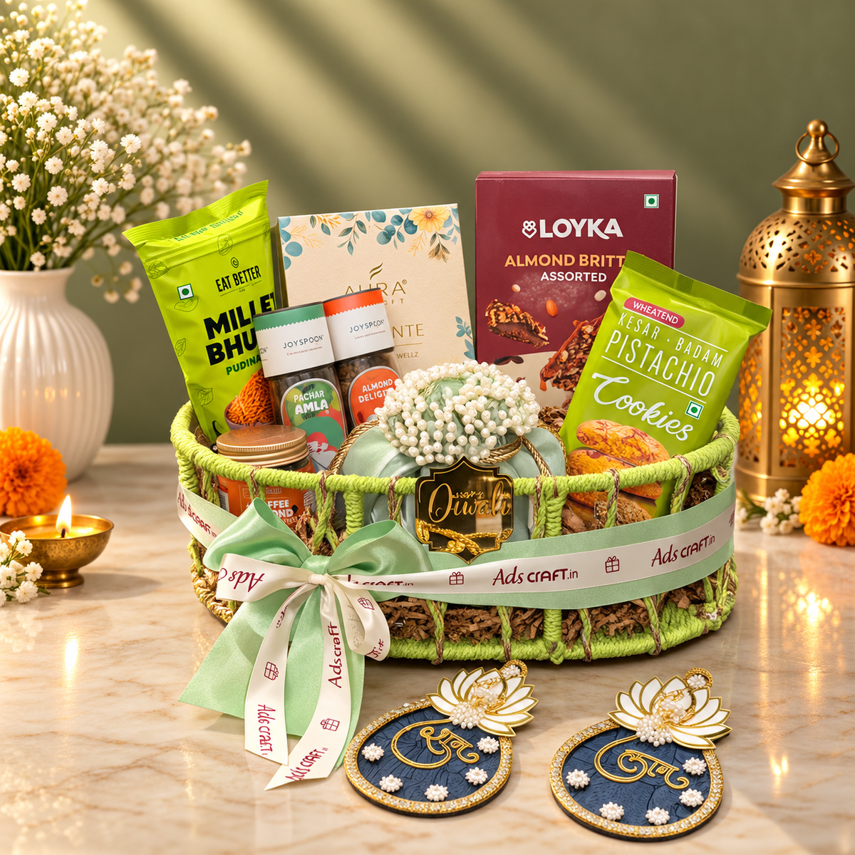 Festive Indulgence Diwali Hamper with Dry Fruits, Gourmet Treats & Reed Diffuser