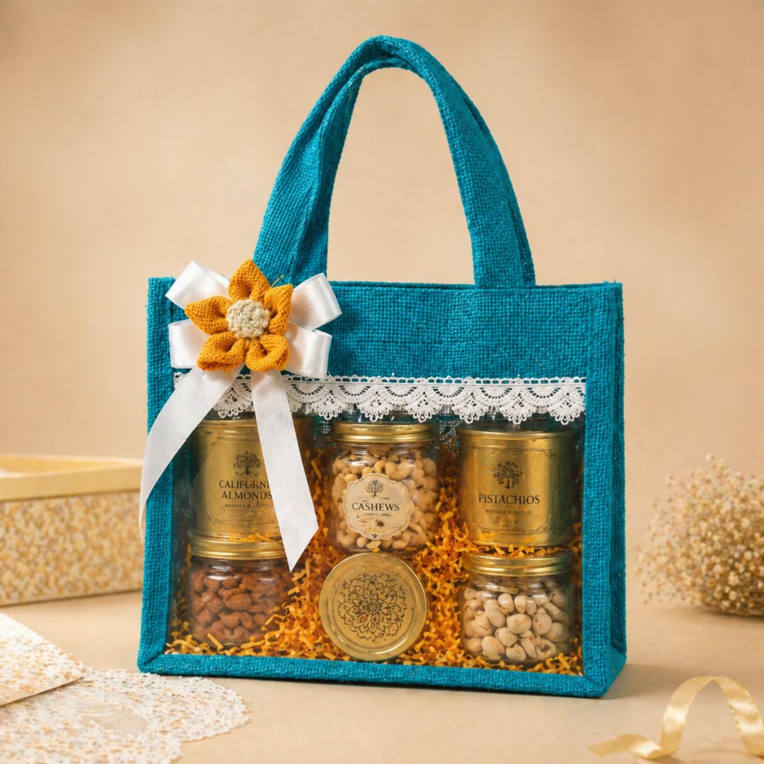 (Set of 5)Premium Teal Jute Gift Basket with Transparent Window & Lace Decor| 8 x 10 Inch Sizes)