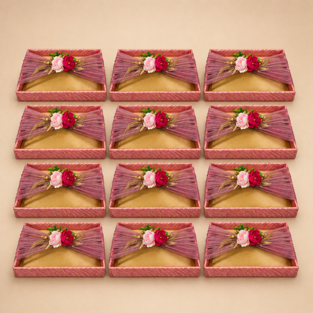 (Set of 2)Premium Pink & Gold Floral Net Gift Tray Set – Decorative Wedding Trousseau Trays - Adscraft.in