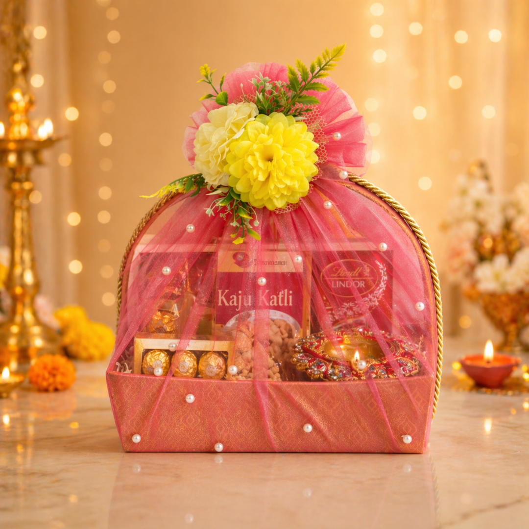 (Set of 3)Premium Peach Net Gift Basket with Floral Top –  (11 x 15 Inches)