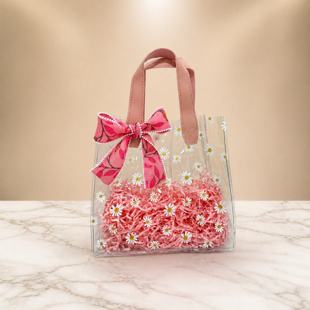 (Set of 5)Premium Transparent Floral Gift Bag with Bow Handle – (10 x 14 Inch)