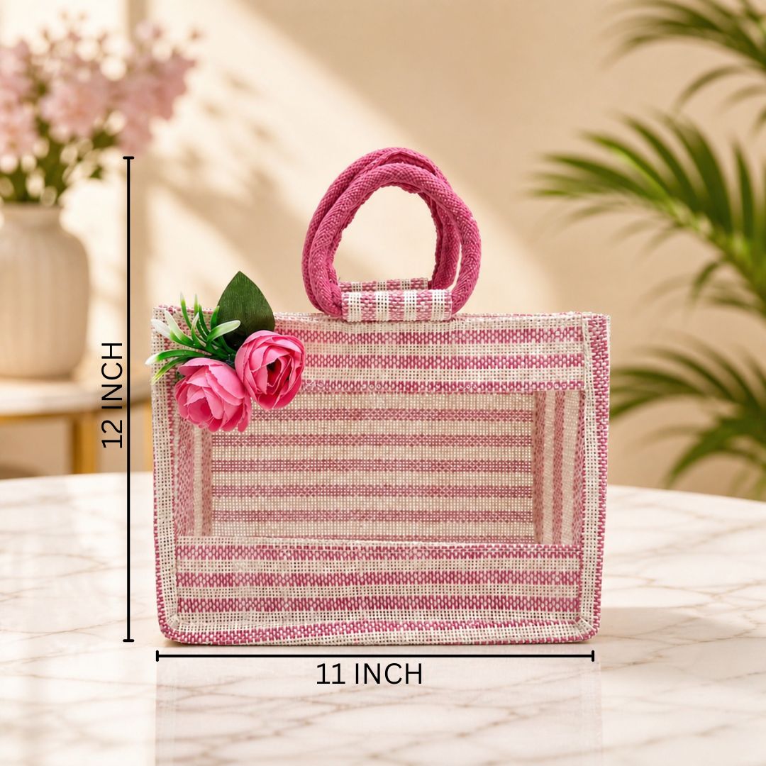 (Set of 5) Premium Pink Jute Gift Bags with Floral Decoration & Handle (11 x 12 Inch) – Wedding Return Gift & Hamper Packaging