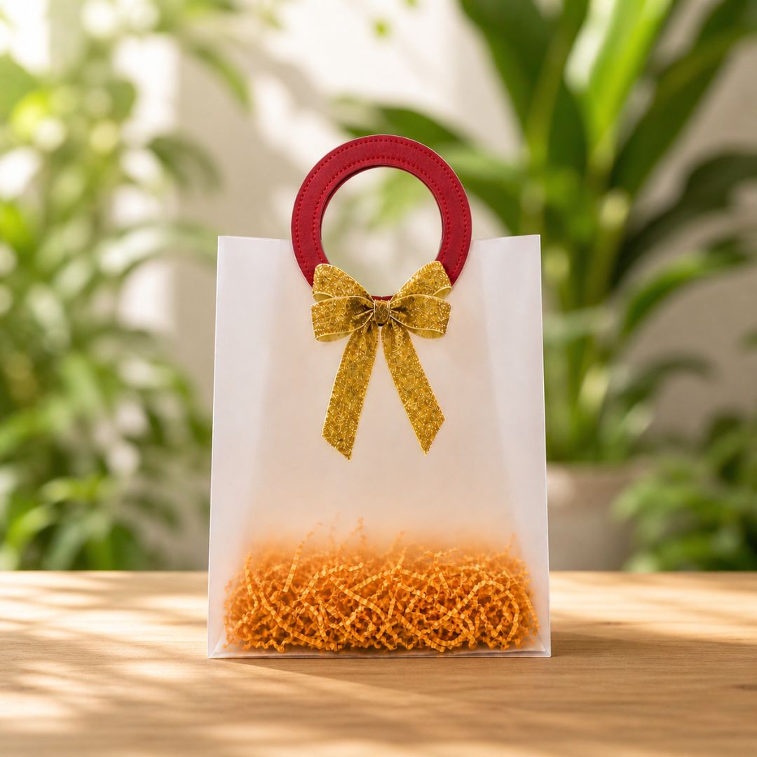 (Set of 5)Premium Frosted Gift Bags with Designer Ring Handle & Golden Bow –(7 x 10 Inch)