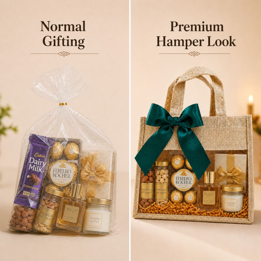 (Set of 5)Premium Jute Gift Bags with Transparent Window & Satin Bow – (12 x 12 Inch)