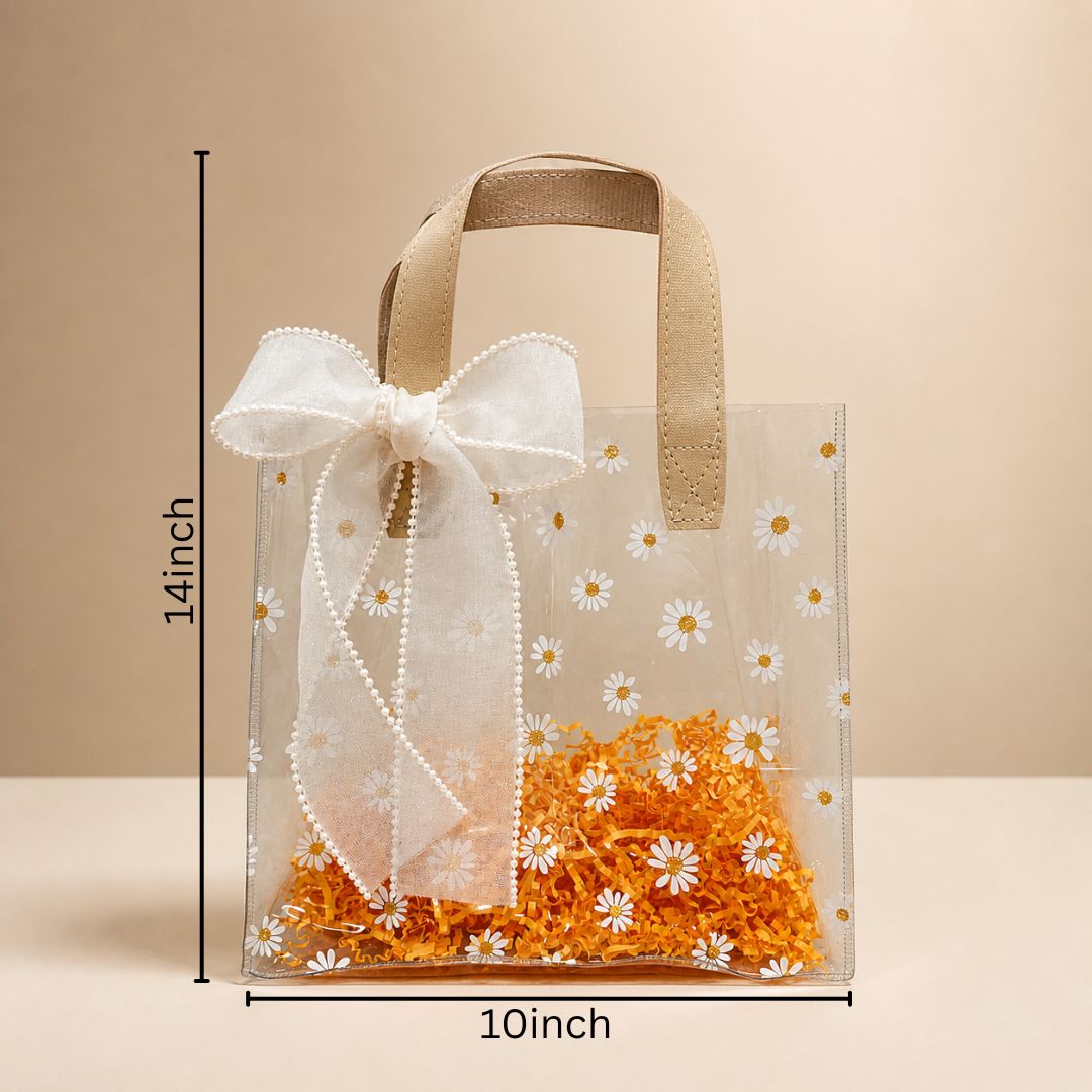 (Set of 5)Premium Transparent Floral Gift Bag with Bow Handle – 10 Inch x 14 Inch Sizes