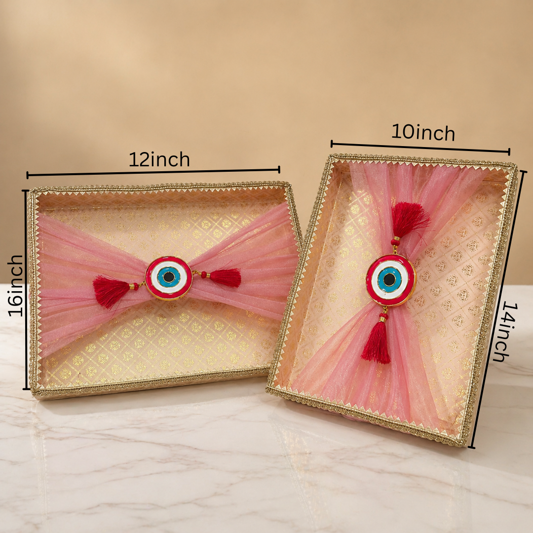 (Set of 2)Premium Evil Eye Net Gift Tray (16x12 & 14x10 Inch) – Pink Fabric Finish with Tassel Decor - Adscraft.in