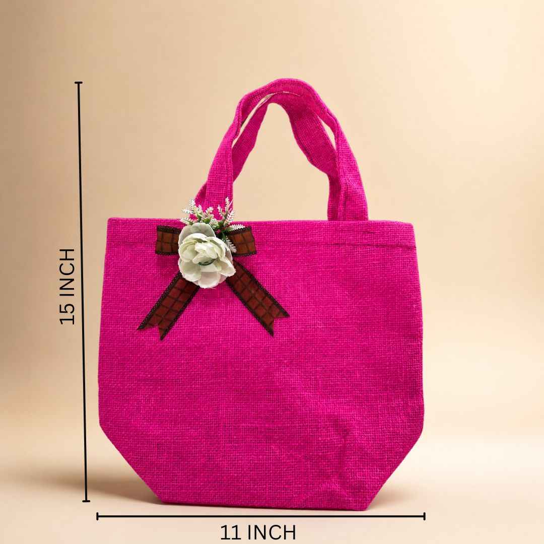 (Set of 5)Premium Pink Jute Gift Bags  with Floral Bow – 11 x 15 Inches