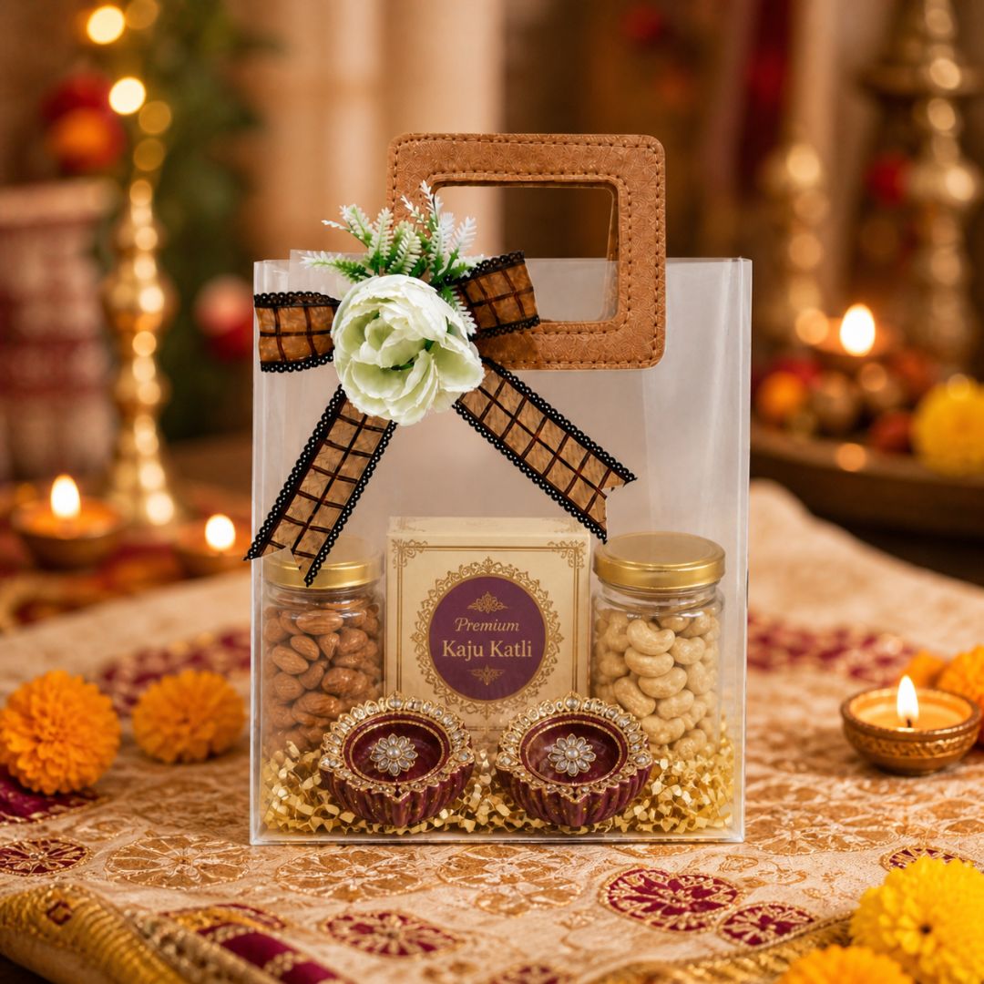 (Set of 5)Premium Frosted Gift Bag with Wooden Handle & Floral Bow – (6.5 x 9 Inches)