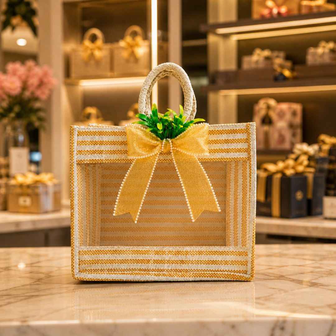 (Set of 5)Premium Jute Transparent Gift Bag with Golden Bow & Handle (12 x 14 Inch)
