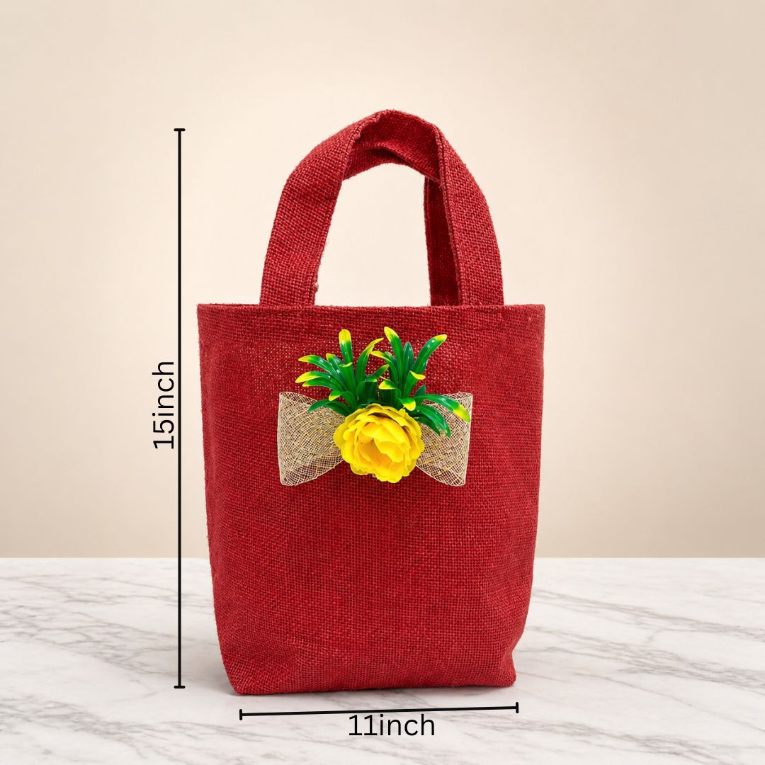 (Set of 5)Premium Red Jute Gift Bag with Floral Bow – Reusable Hamper Bag