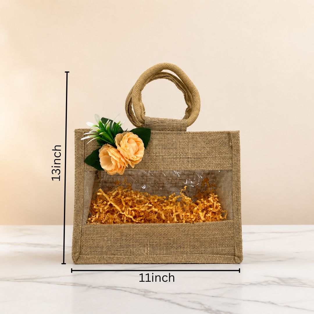 (Set of 5)Premium Jute Gift Basket with Transparent Window & Floral Accent – 11 x 13 Inch