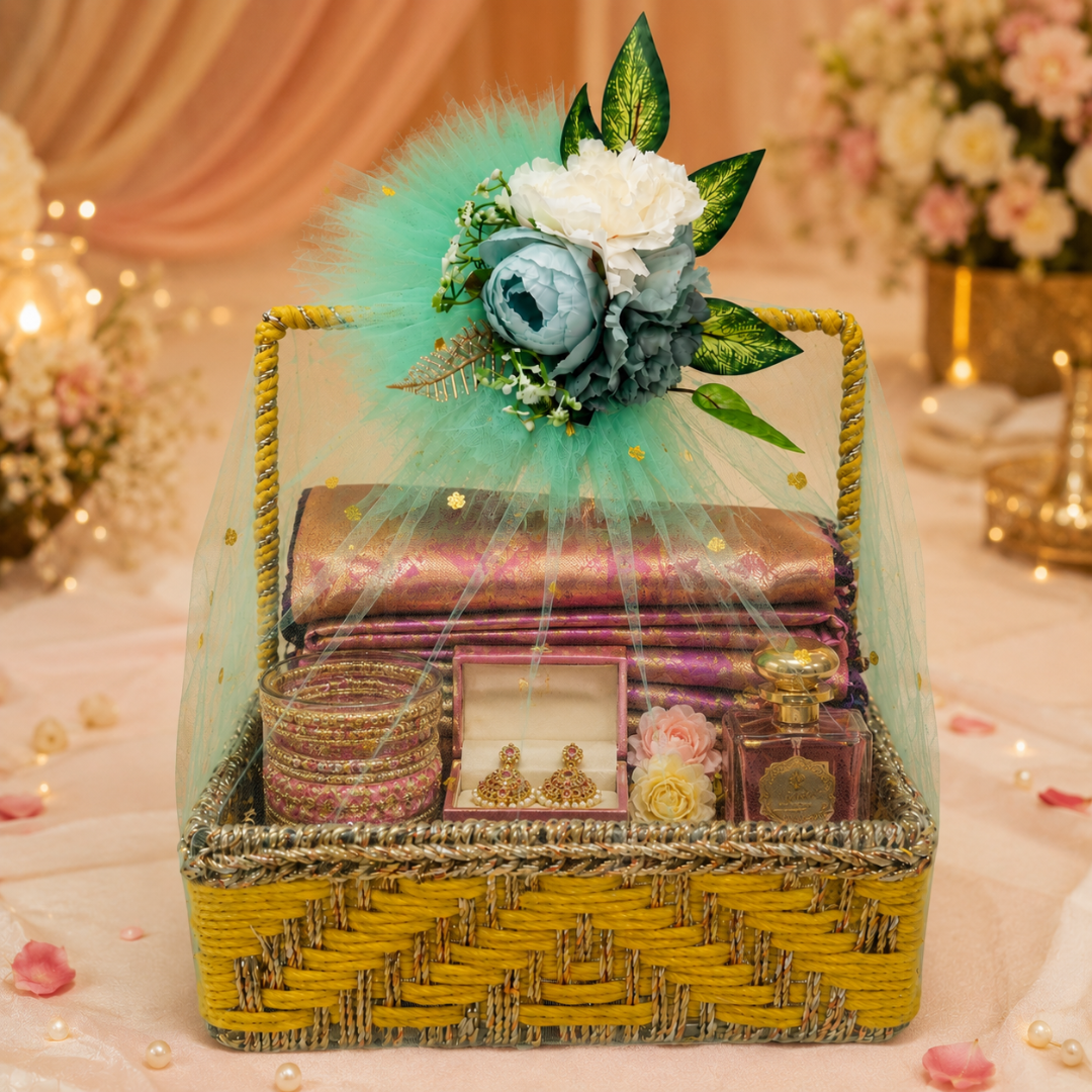 (Set of 3 )Premium Yellow Handwoven Trousseau Basket Set with Mint Net Decor –