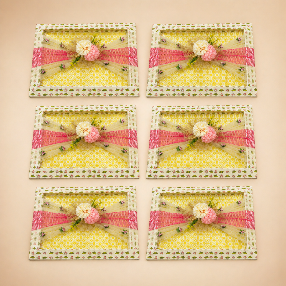 (Set of 3)Premium Floral Net Decorative Tray (18 x 14 Inch) – Yellow & Pink Wedding Hamper Tray