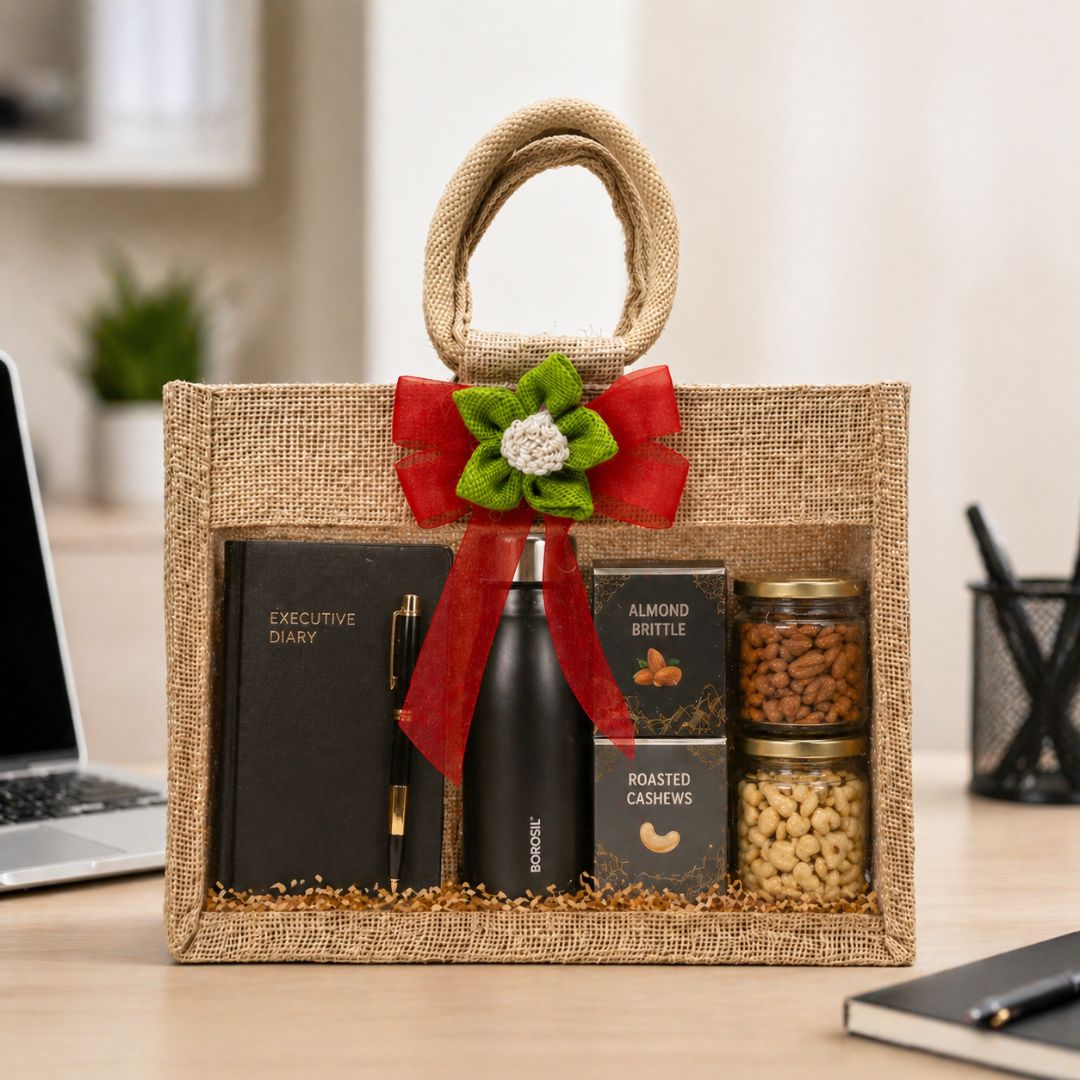 (Set of 5)Premium Jute Window Gift Basket with Handle & Floral Ribbon – 10 x 8 Inches