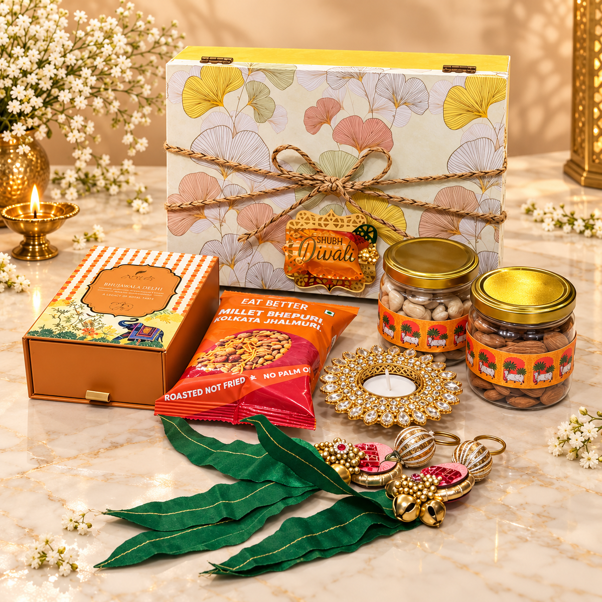 Open yellow Diwali trunk hamper with dry fruit jars, Eat Better Jhalmuri, dhoop sticks, diya and Shubh Labh