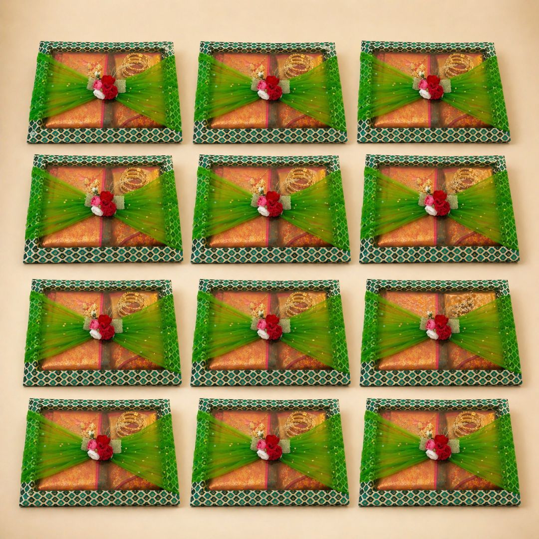 (Set of 3)Premium Green Net Decorative Gift Tray – Floral Center Design | 21 x 16 Inches