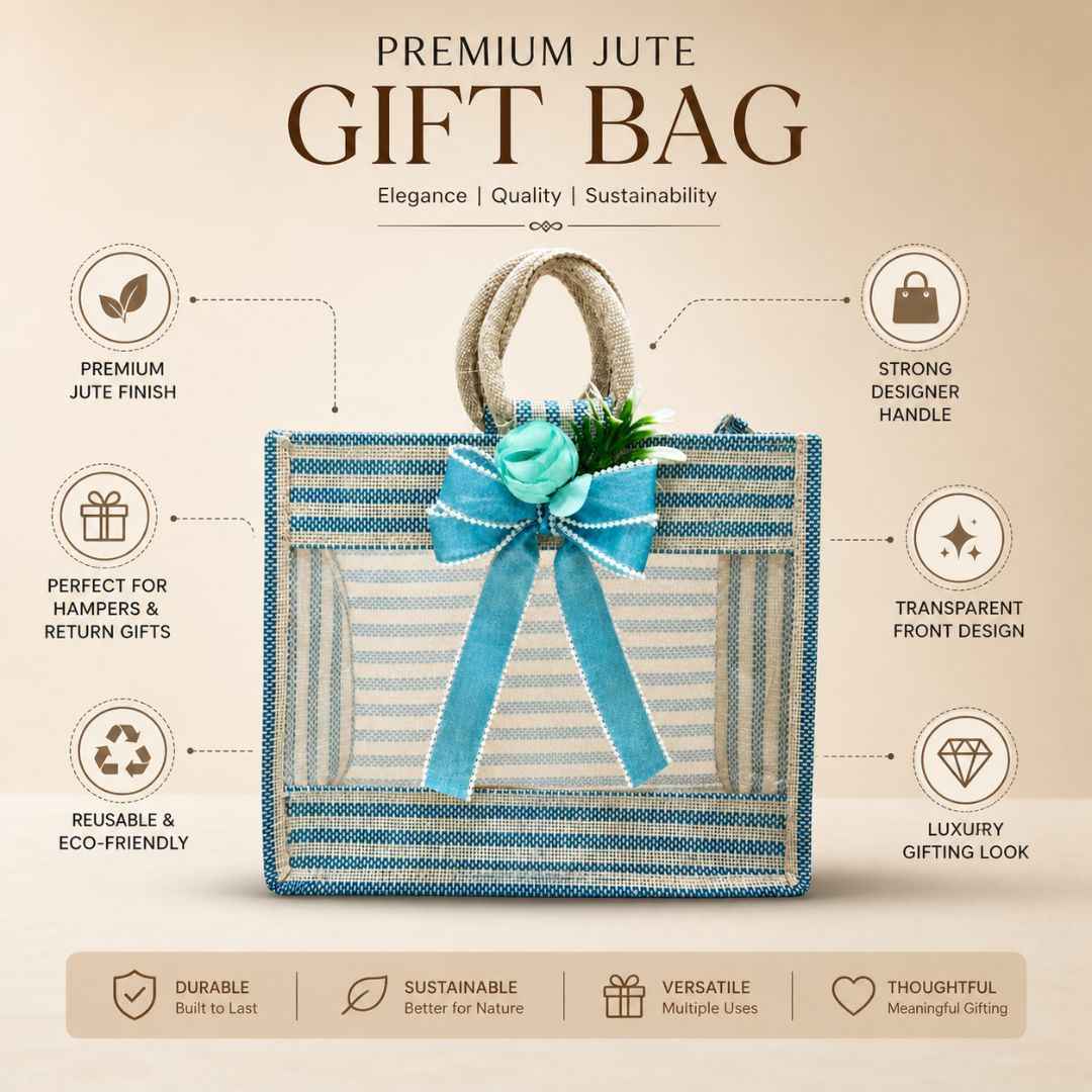 (Set of 5)Premium Blue Striped Jute Gift Bag with Transparent Window & Floral Bow –  (12 x 14 Inches)