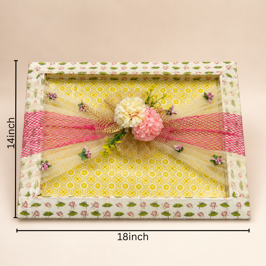 (Set of 3)Premium Floral Net Decorative Tray (18 x 14 Inch) – Yellow & Pink Wedding Hamper Tray