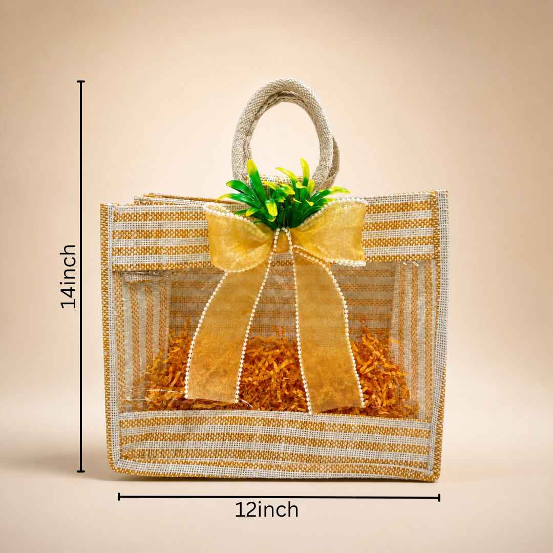 (Set of 5)Premium Jute Transparent Gift Bag with Golden Bow & Handle (12 x 14 Inch)