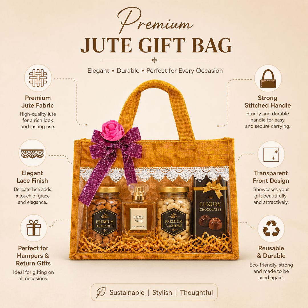 (Set of 5)Premium Jute Transparent Gift Bags with Lace & Floral Bow – 10 x 14 Inch Sizes