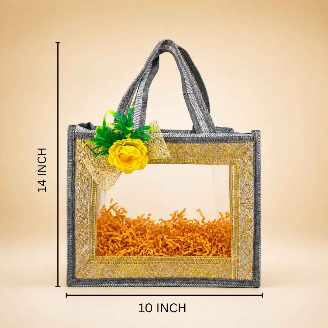 (Set of 5)Premium Grey Transparent Jute Gift Bag with Golden Lace Frame & Floral Decoration (10 x 14 Inches)