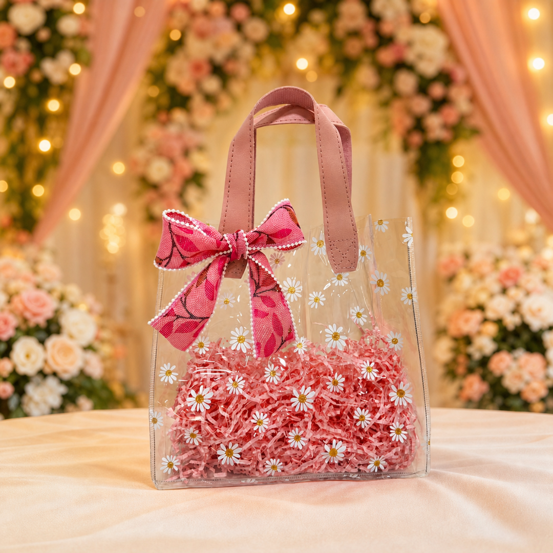 (Set of 5)Premium Transparent Floral Gift Bag with Bow Handle – (10 x 14 Inch)