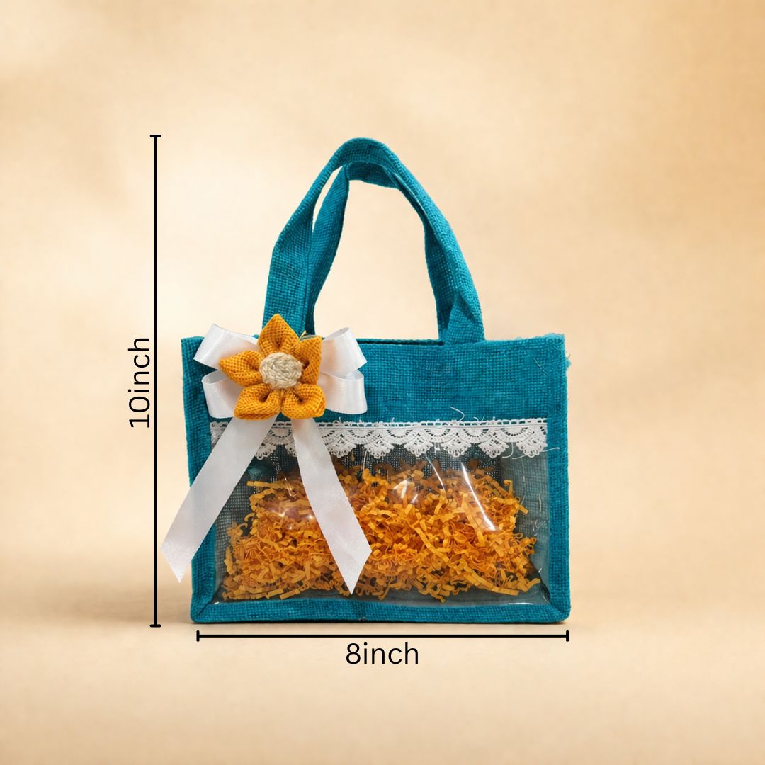 (Set of 5)Premium Teal Jute Gift Basket with Transparent Window & Lace Decor| 8 x 10 Inch Sizes)