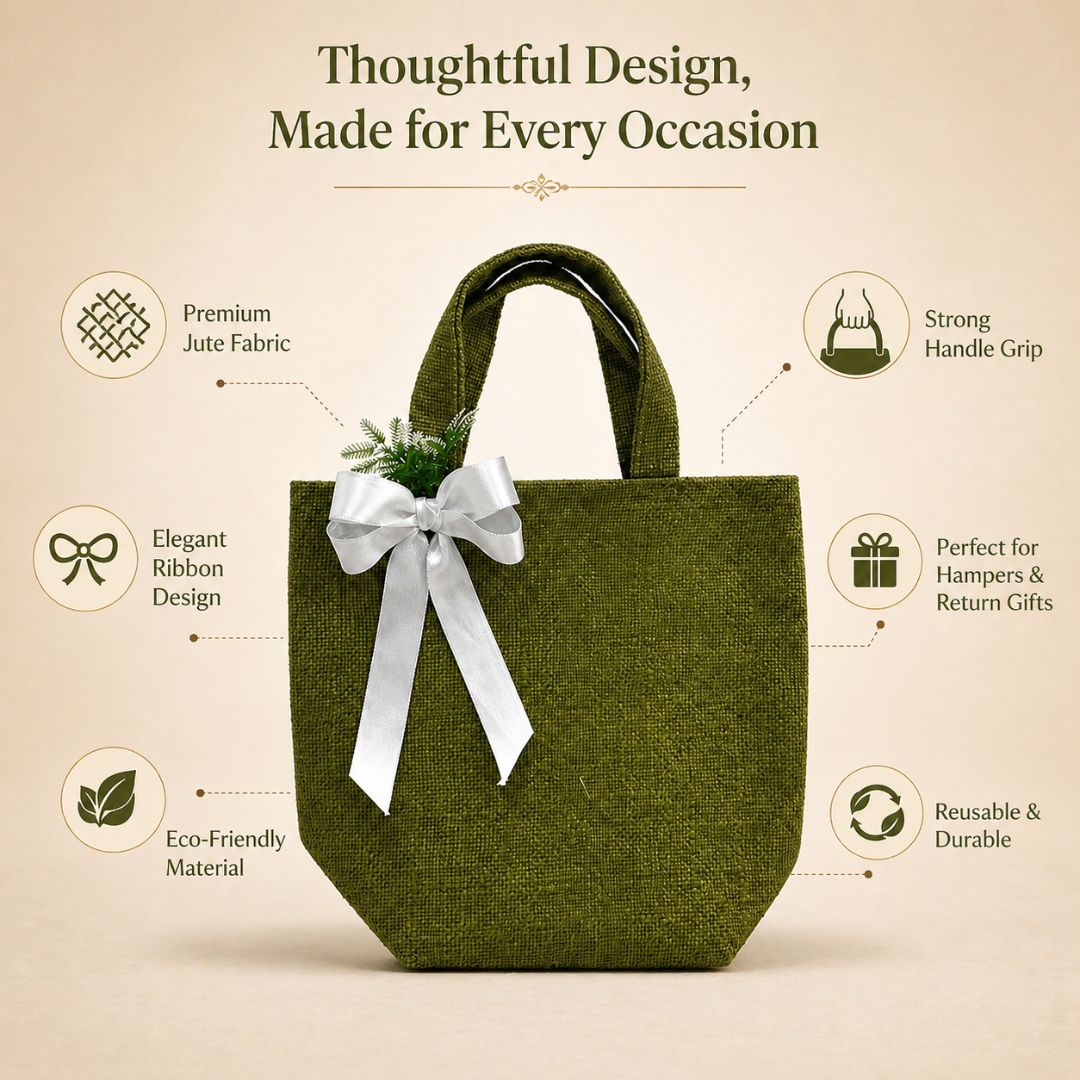 (Set of 5)Premium Olive Green Jute Gift Bag with Ribbon & Floral Accent  –  (11 x 15 Inch Sizes)