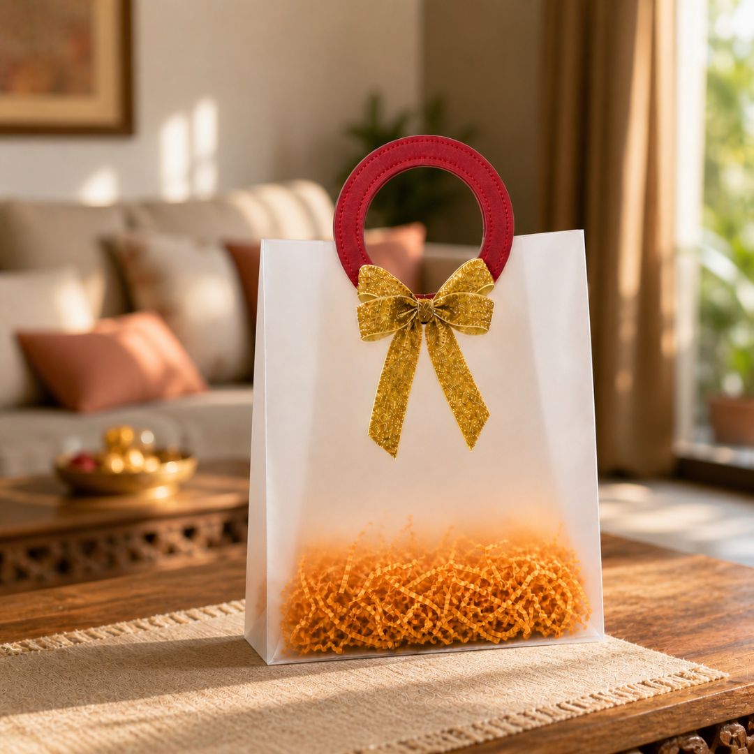(Set of 5)Premium Frosted Gift Bags with Designer Ring Handle & Golden Bow –(7 x 10 Inch)