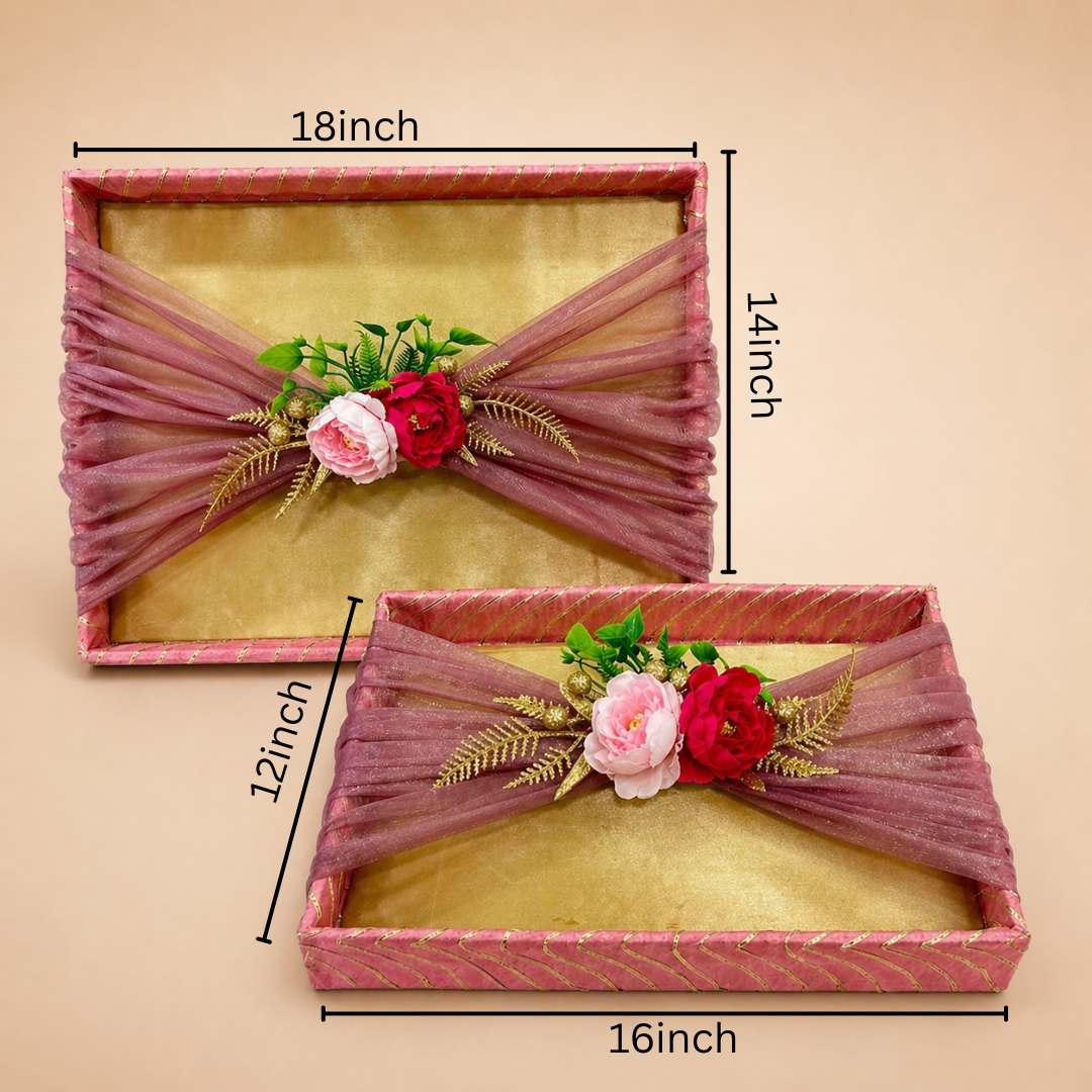 (Set of 2)Premium Pink & Gold Floral Net Gift Tray Set – Decorative Wedding Trousseau Trays - Adscraft.in