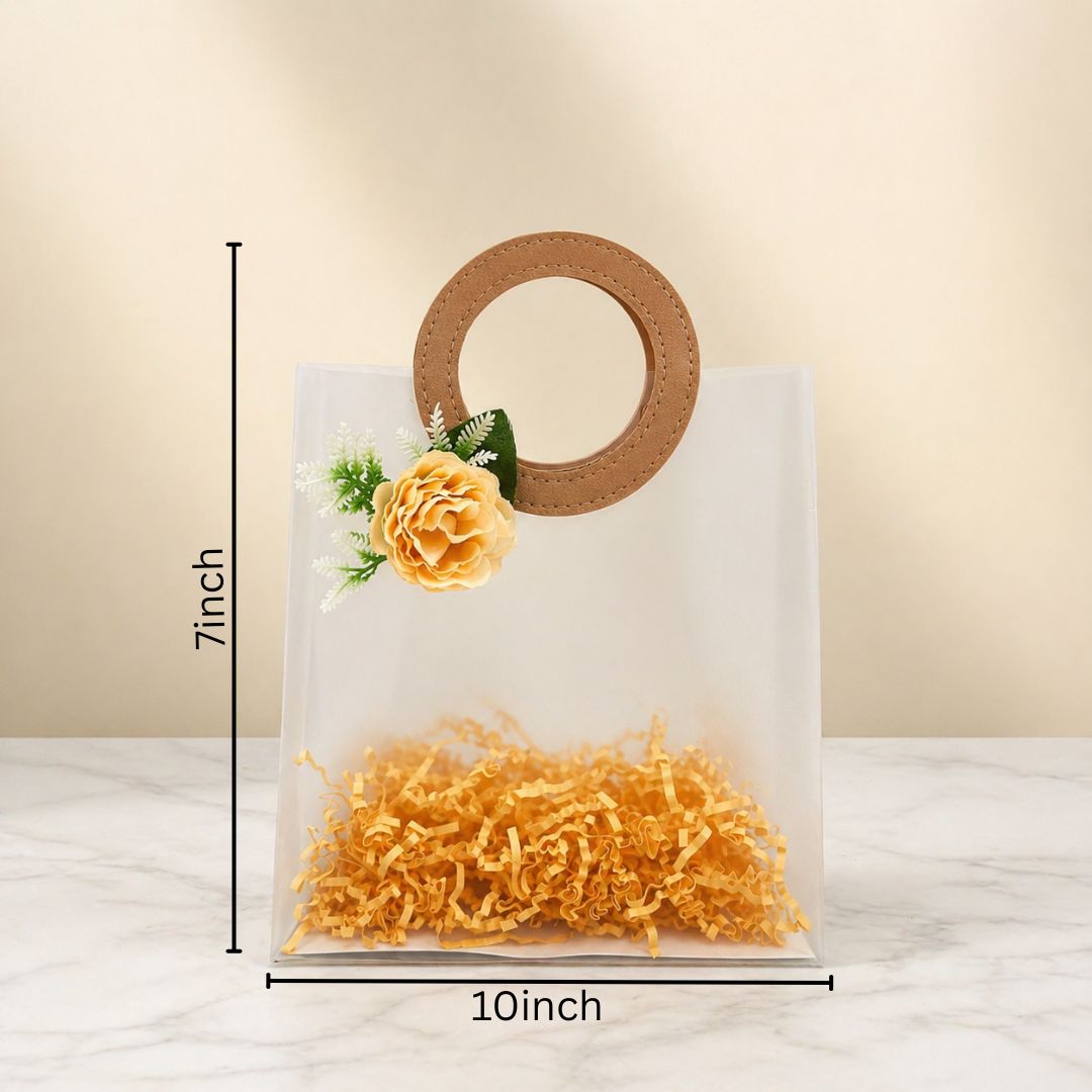 (Set of 5)Premium Frosted Gift Bag with Designer Handle & Floral Accent –(7 x 10 Inches)