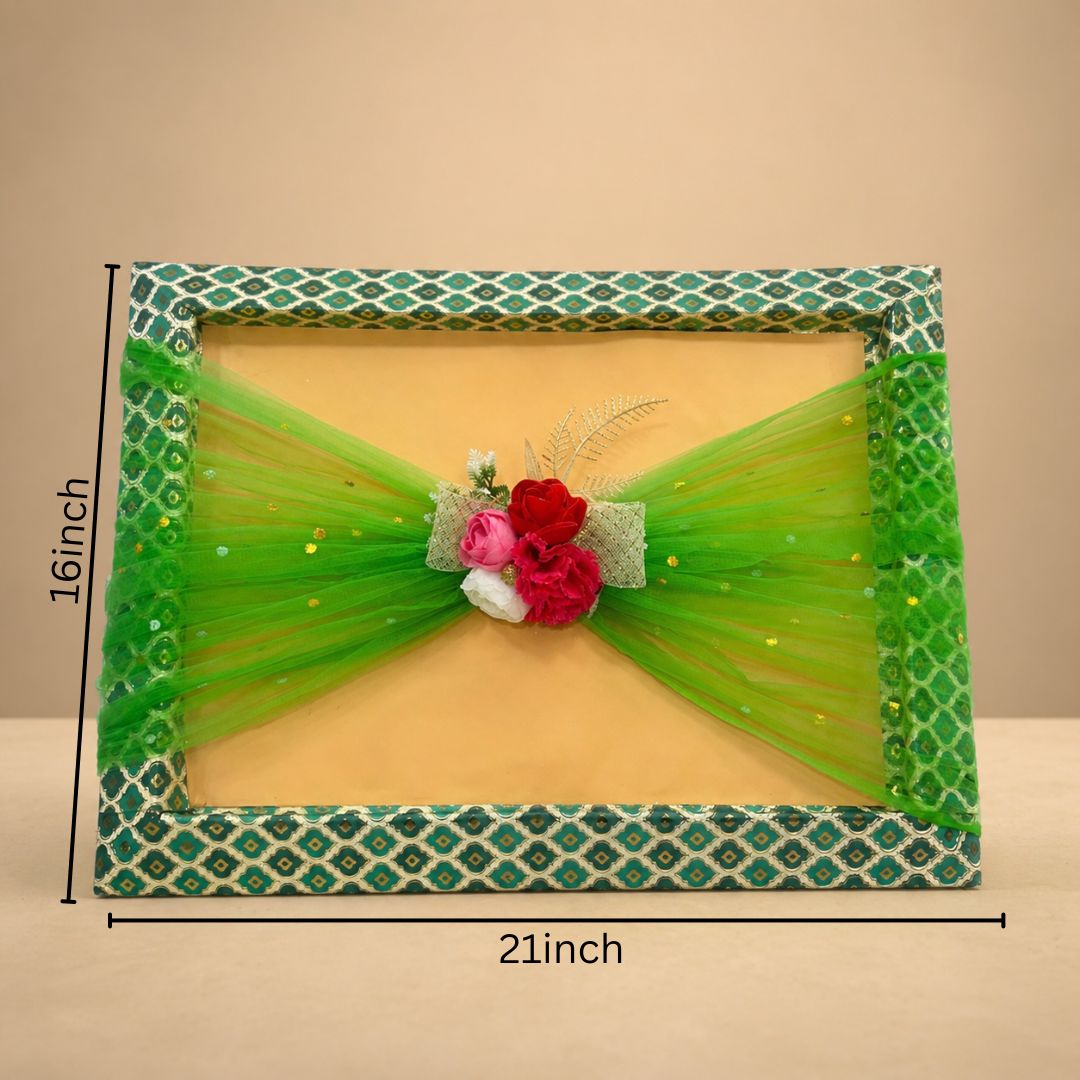 (Set of 3)Premium Green Net Decorative Gift Tray – Floral Center Design | 21 x 16 Inches
