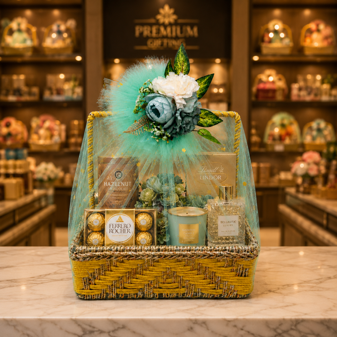 (Set of 3 )Premium Yellow Handwoven Trousseau Basket Set with Mint Net Decor –