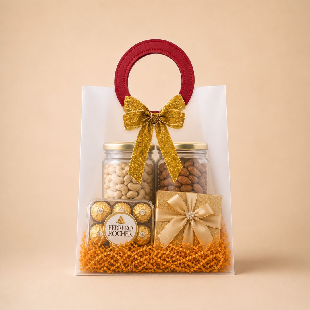 (Set of 5)Premium Frosted Gift Bags with Designer Ring Handle & Golden Bow –(7 x 10 Inch)