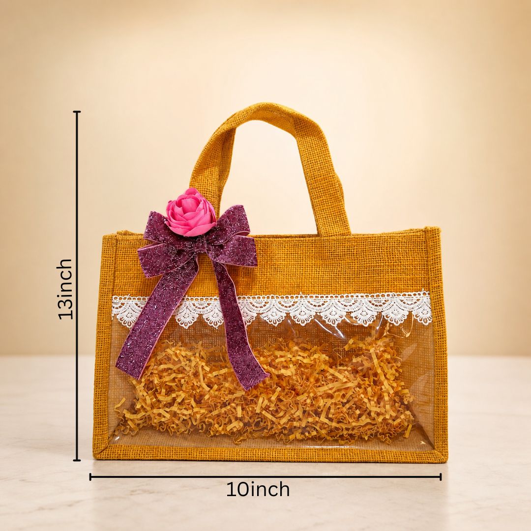 (Set of 5)Premium Jute Transparent Gift Bags with Lace & Floral Bow – 10 x 14 Inch Sizes