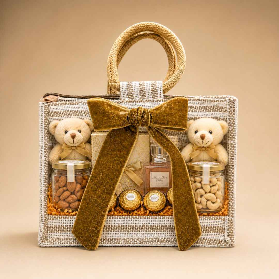 (Set of 5)Premium Jute Gift Bags with Transparent Window & Golden Bow – 12 x 15 Inches